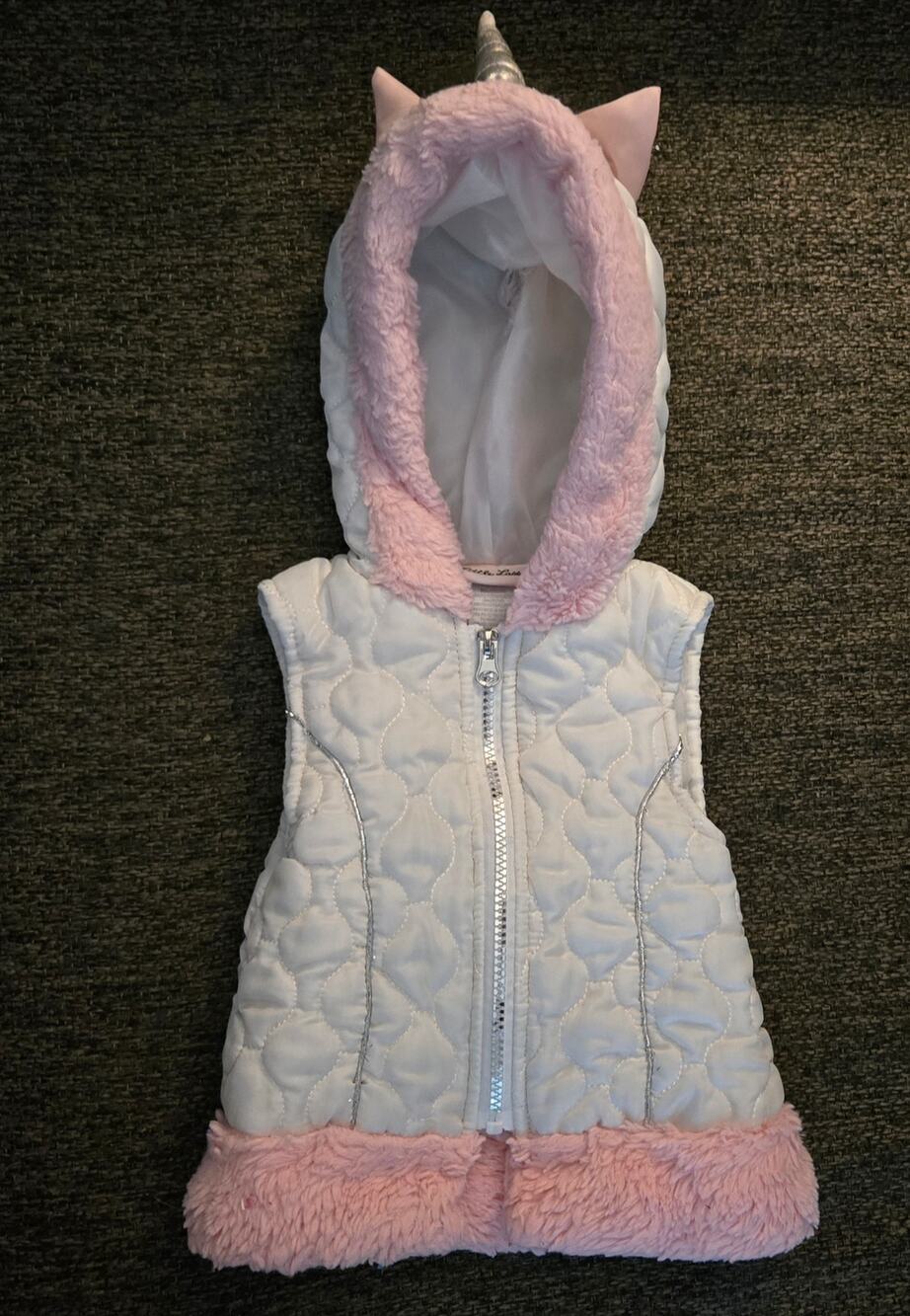 Little Lass White Quilted Unicorn Hooded Vest Faux Fur Trim Girls 18M